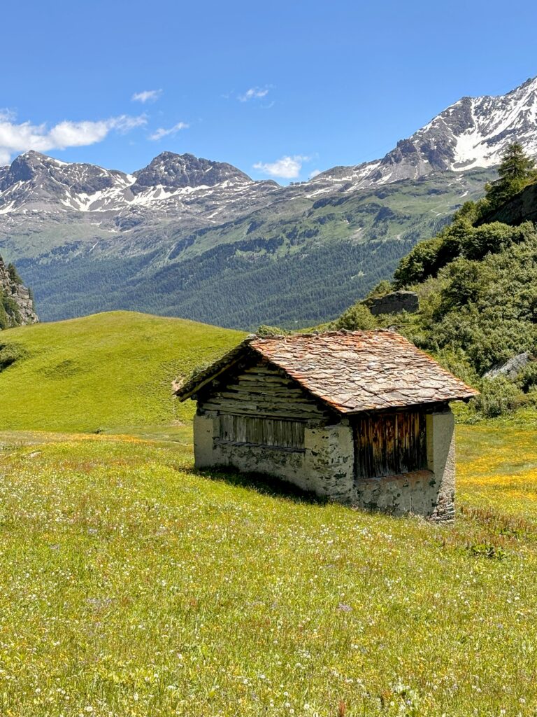 Rustic mountain hut on a grassy shelf in the Swiss Alps