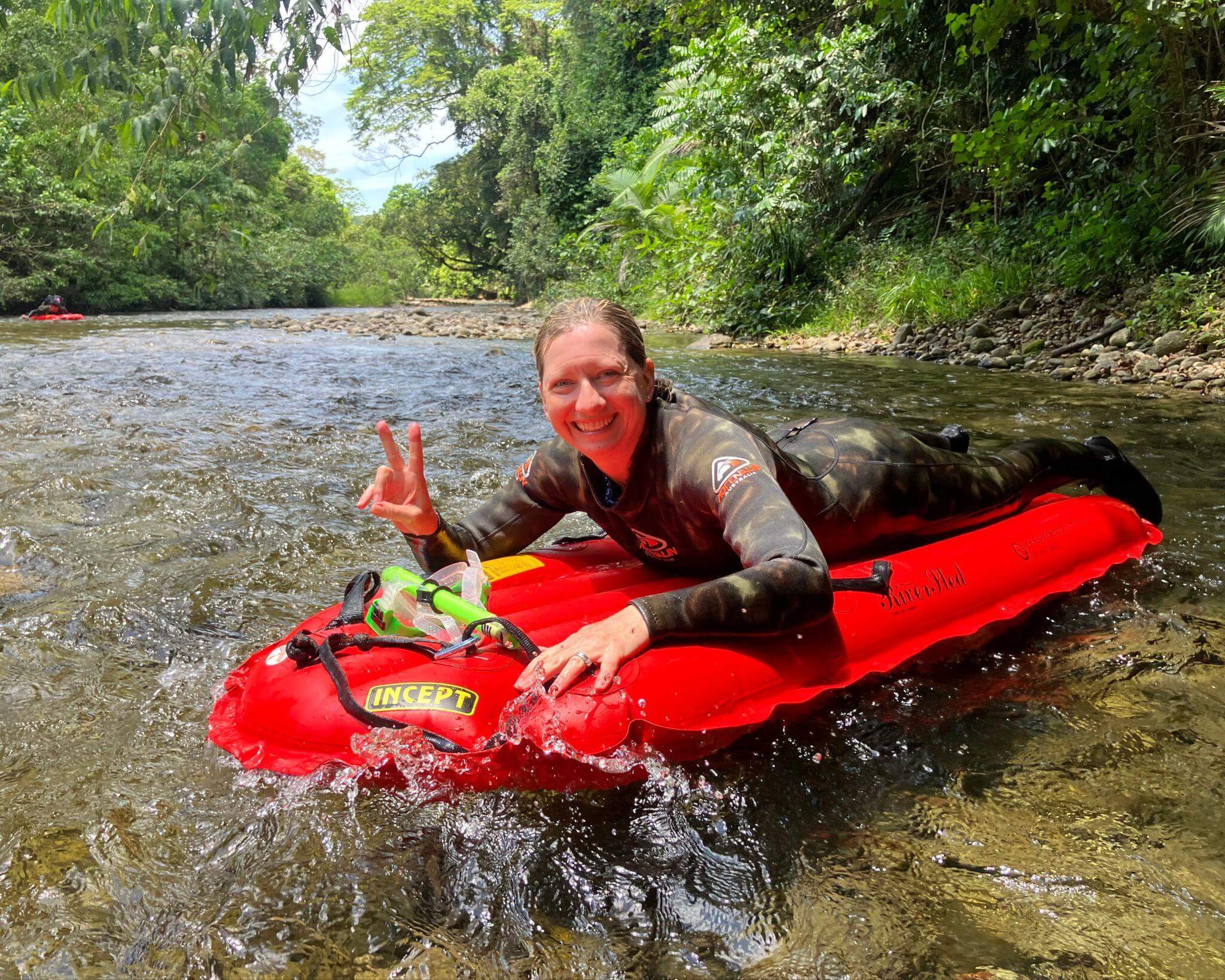 Rachel Reinke rafting down the Mossman River in far north Queensland on a snorkel - rafting tour