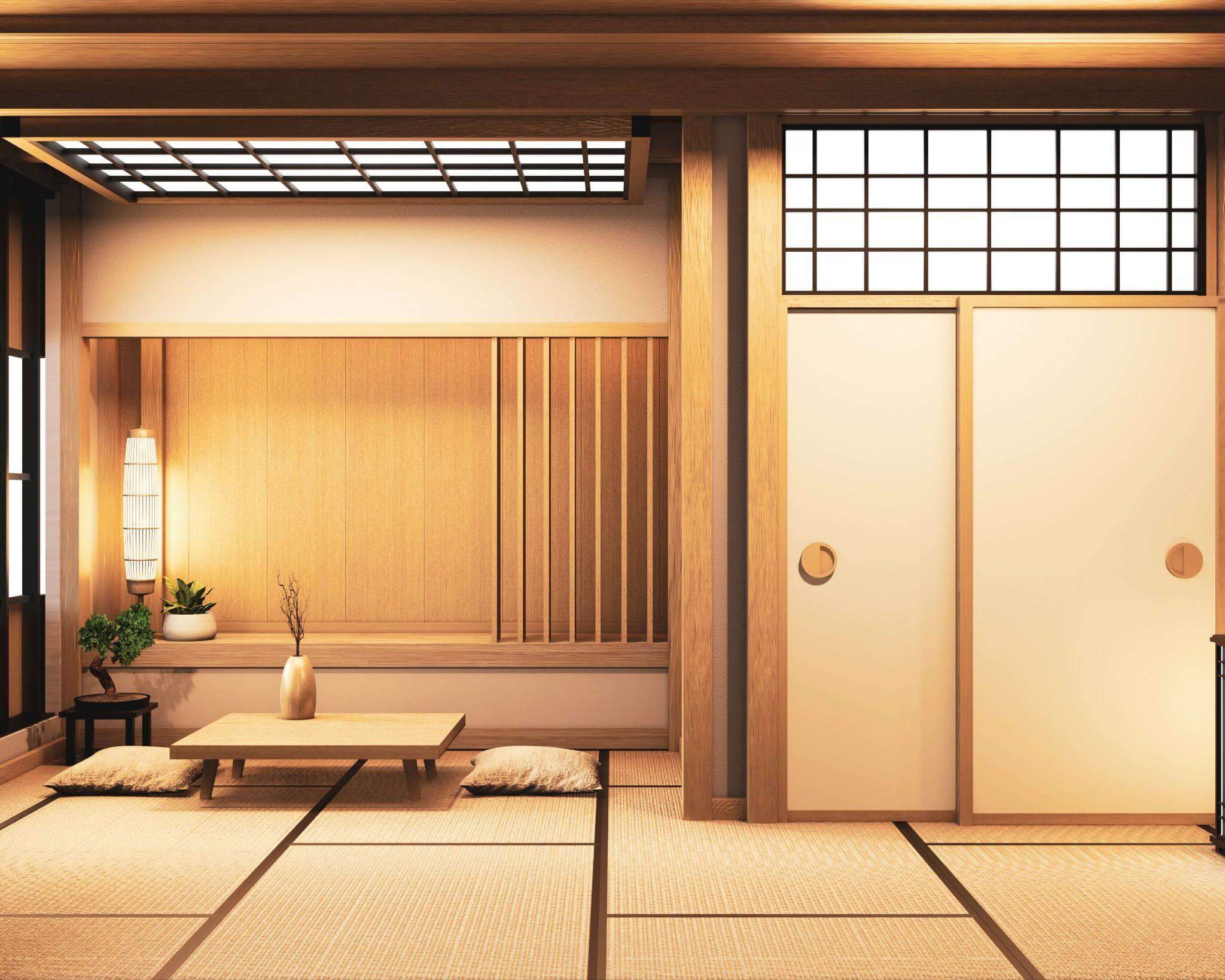 tatami mats and low table and cushions in a traditional japanese ryokan accommodation