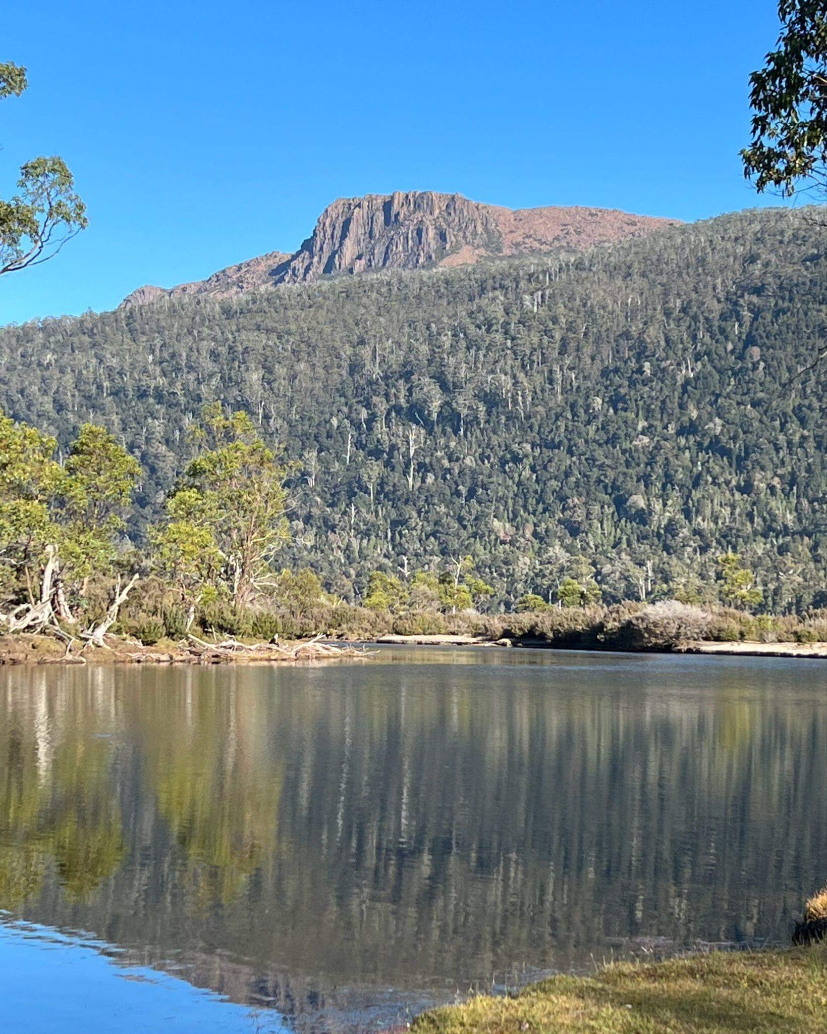 Narcissus Hut with Lake St Clair stretching into the distance and mountains visible across the water