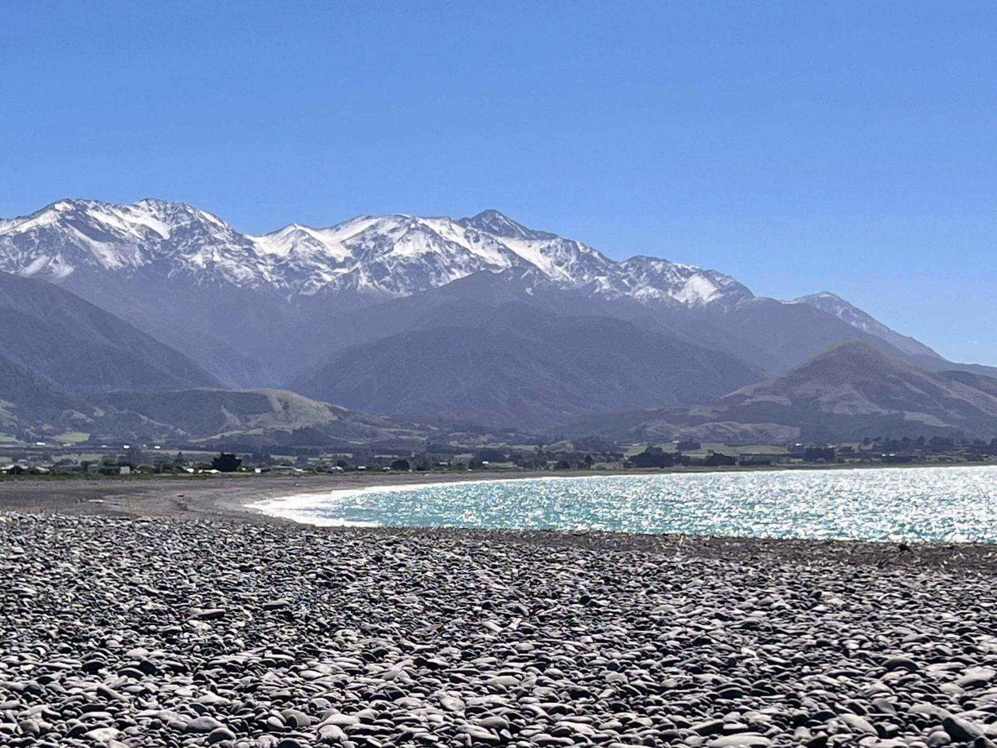 Scenic coastal drive from Christchurch to Picton showing rugged coastline and snow-capped mountains