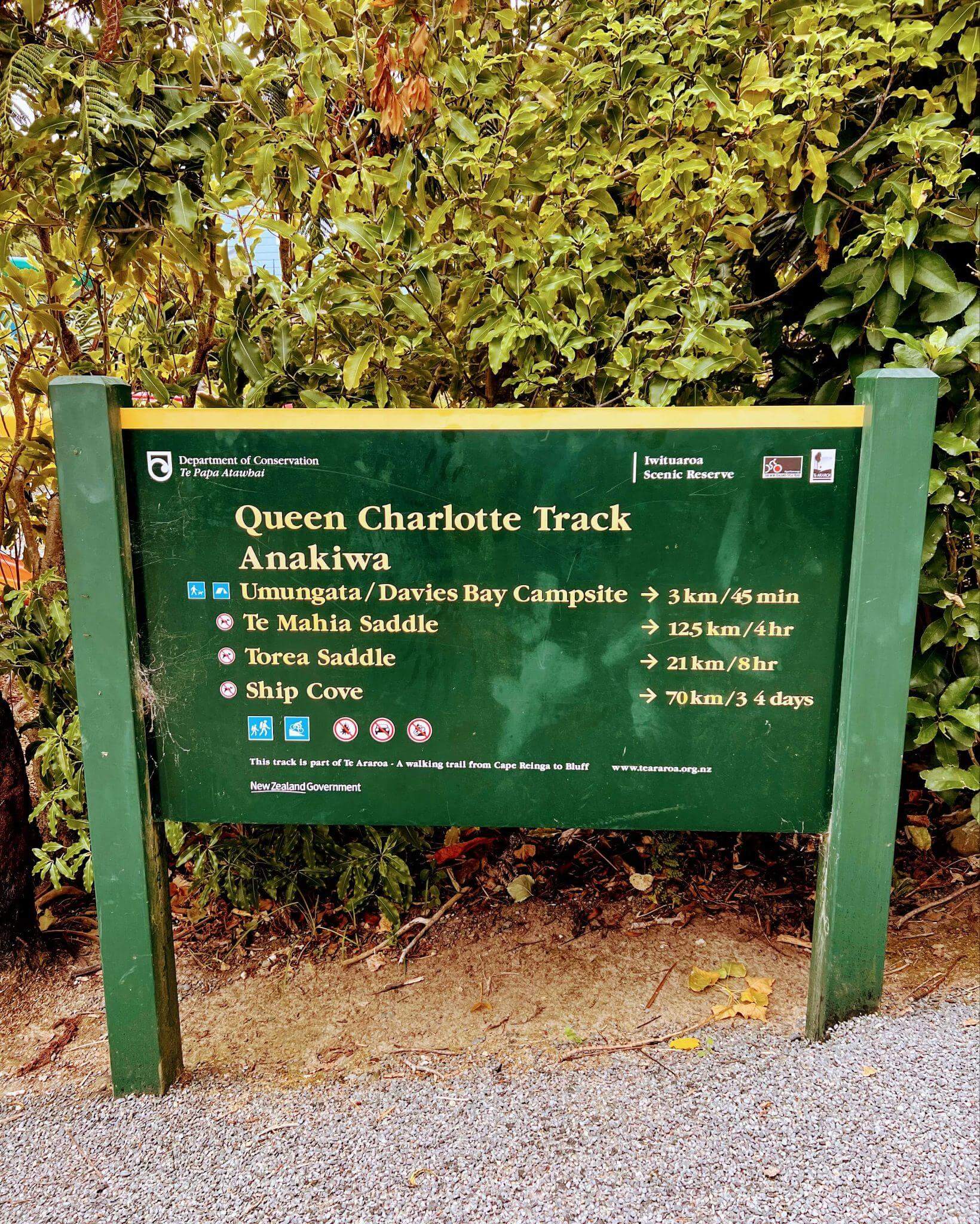 signpost showing walking distances and time for the queen charlotte track