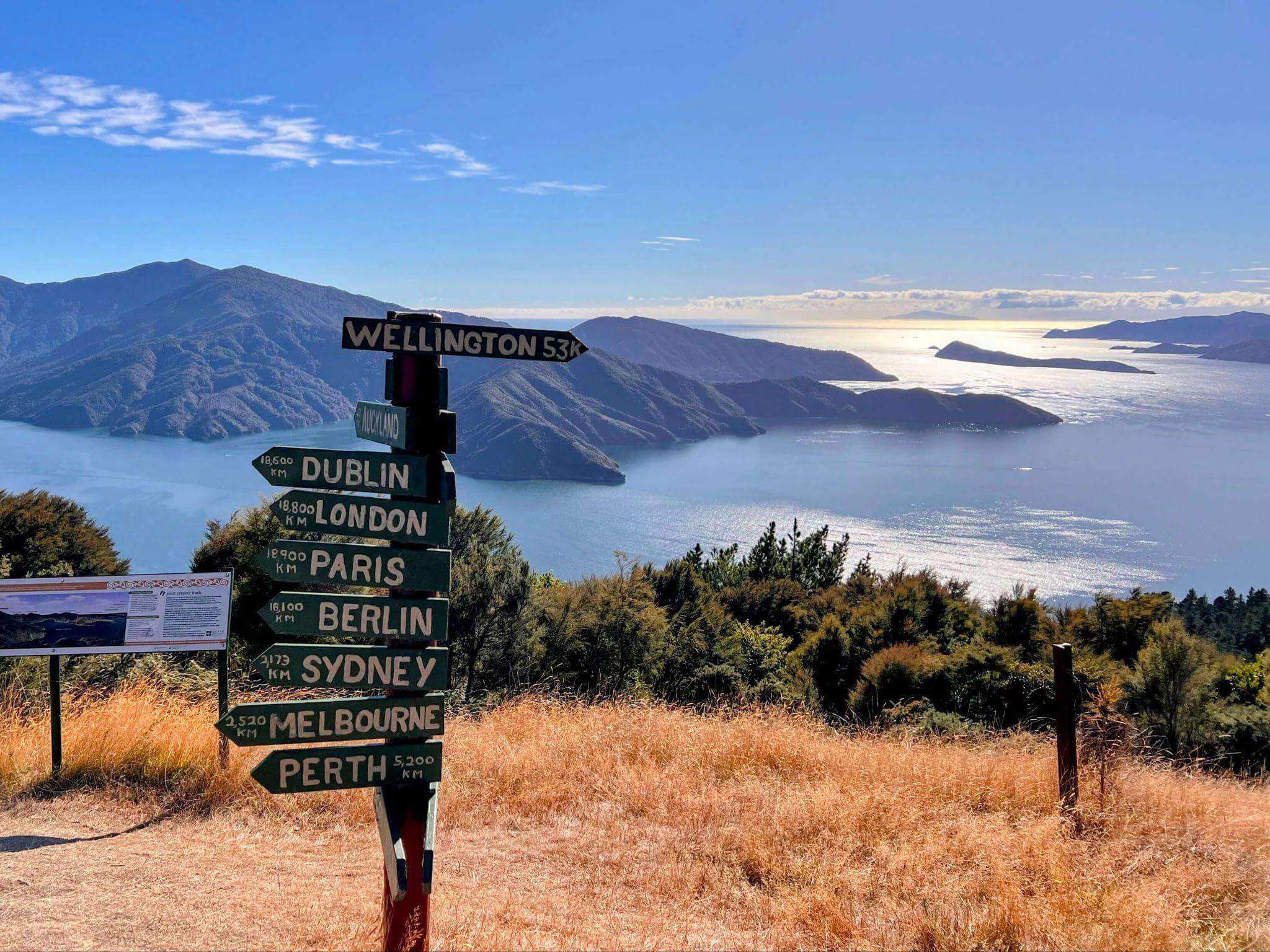 Torea Saddle Lookout panoramic viewpoint on Queen Charlotte Track showing expansive Marlborough Sounds File