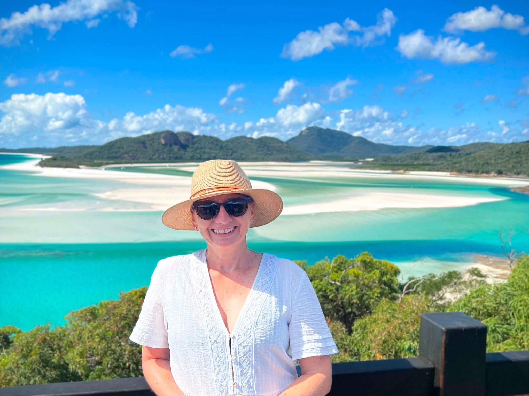 Rachel Reinke at a lookout over Whitehaven Beach, one of the most beautiful places in the world
