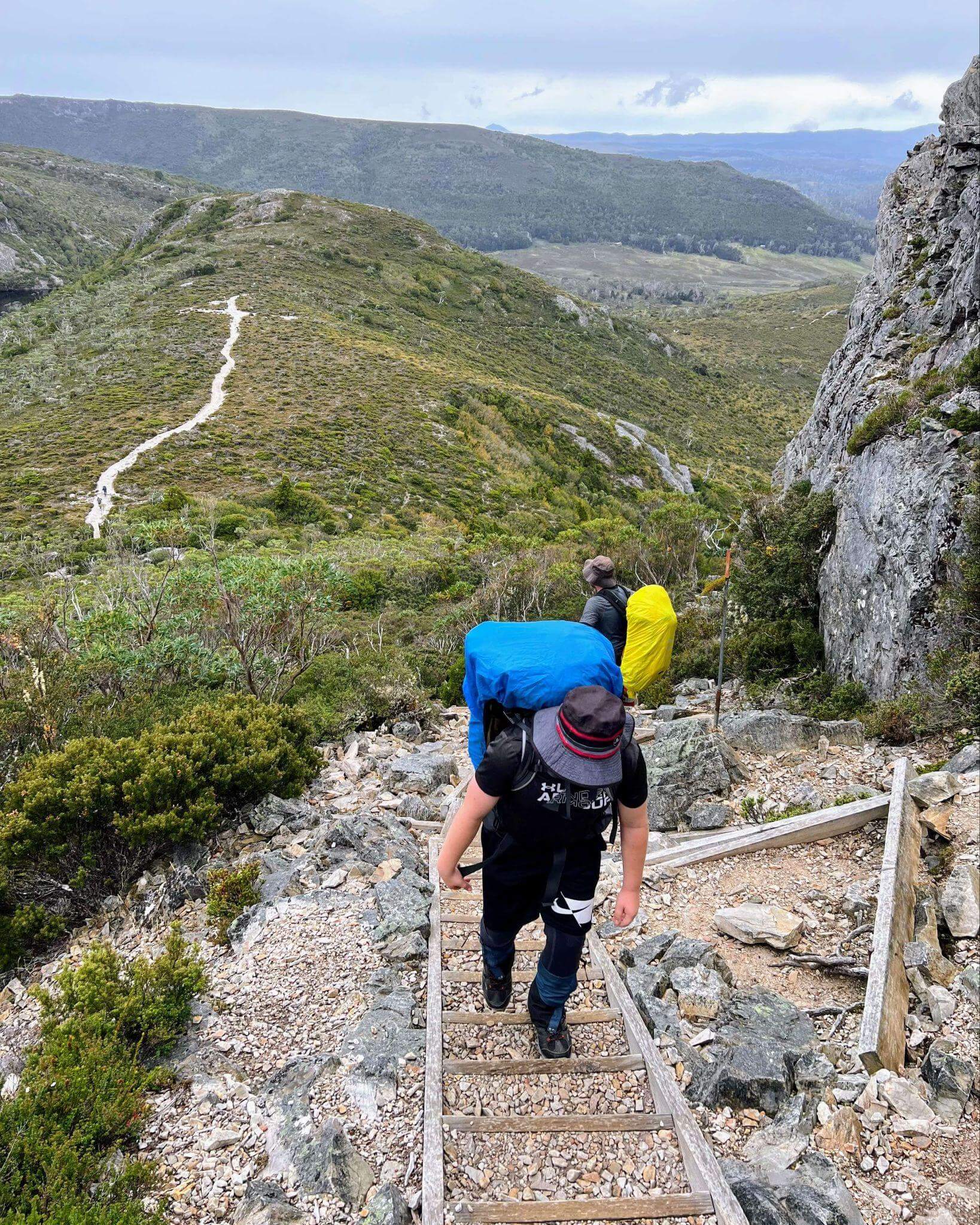 Two young hikers with large backpacks walking through alpine wilderness terrain during multi-day hiking adventure with mountain backdrop and native vegetation